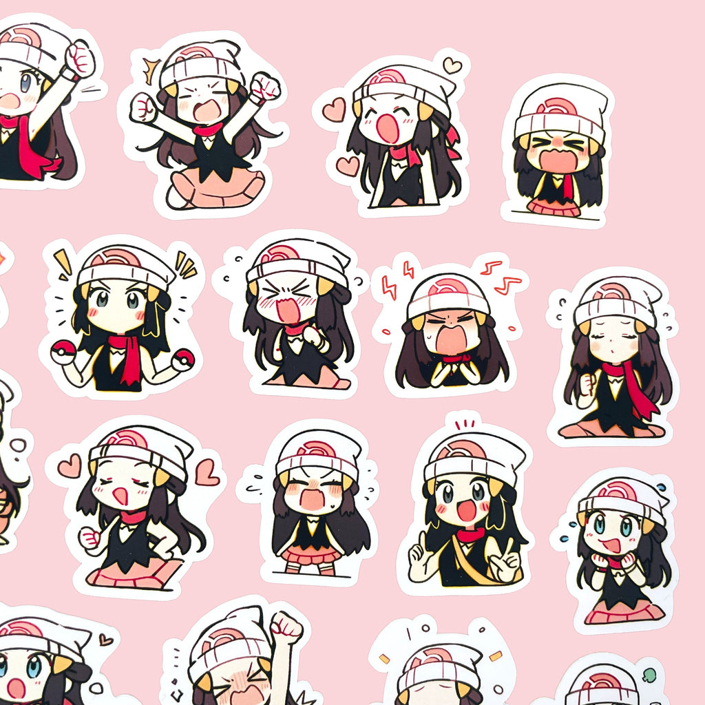 40 Dawn chibi trainer mood stickers arranged in a pastel kawaii collection