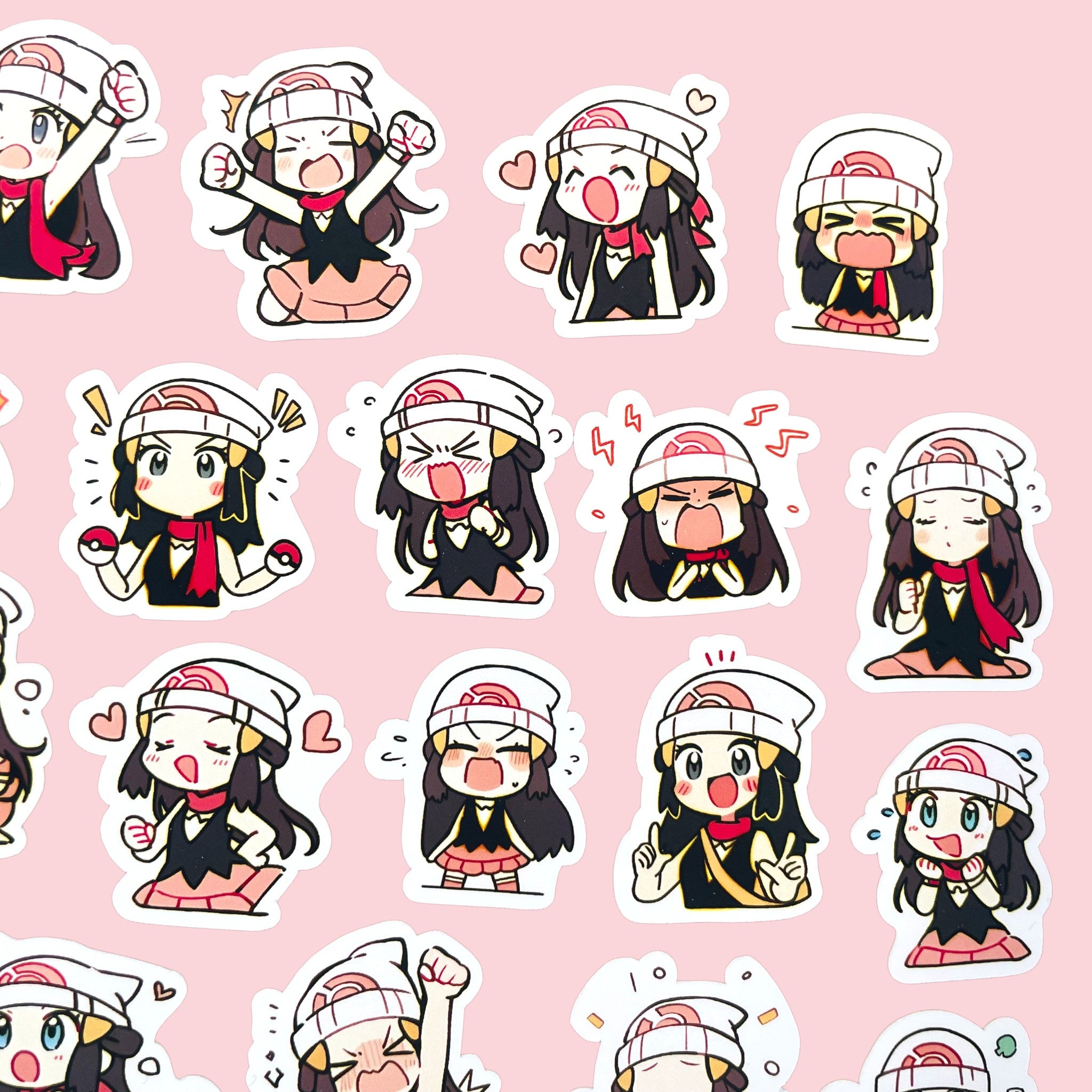 40 Dawn chibi trainer mood stickers arranged in a pastel kawaii collection