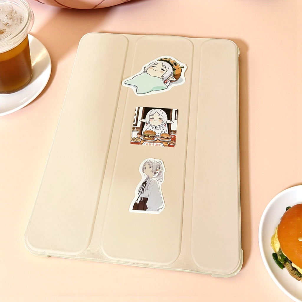Anime elf mage chibi stickers decorating a tablet