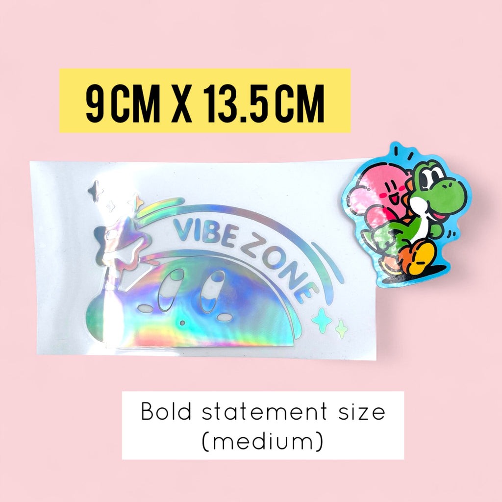 Kirby holographic vinyl decal size reference 9 cm by 13.5 cm