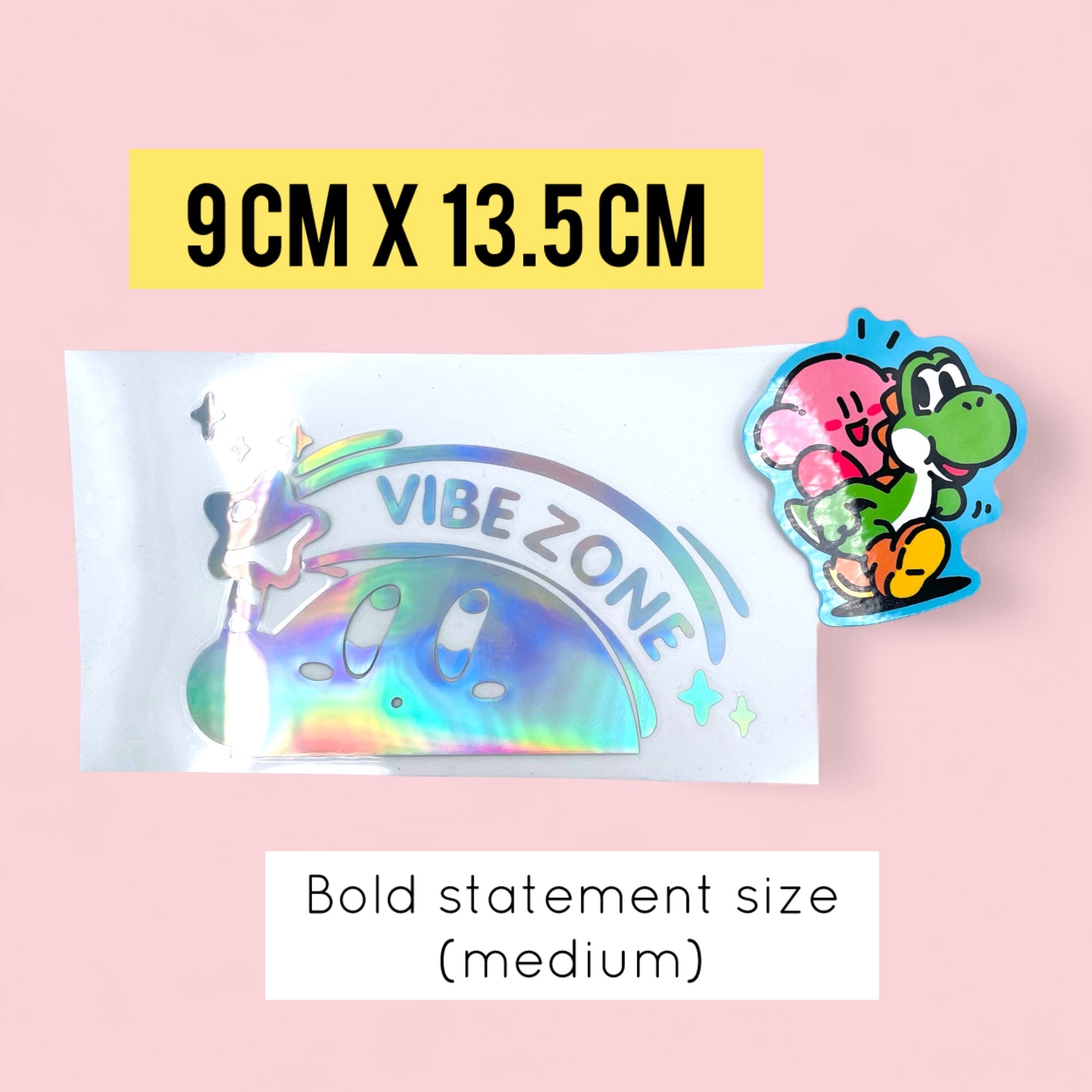 Kirby holographic vinyl decal size reference 9 cm by 13.5 cm