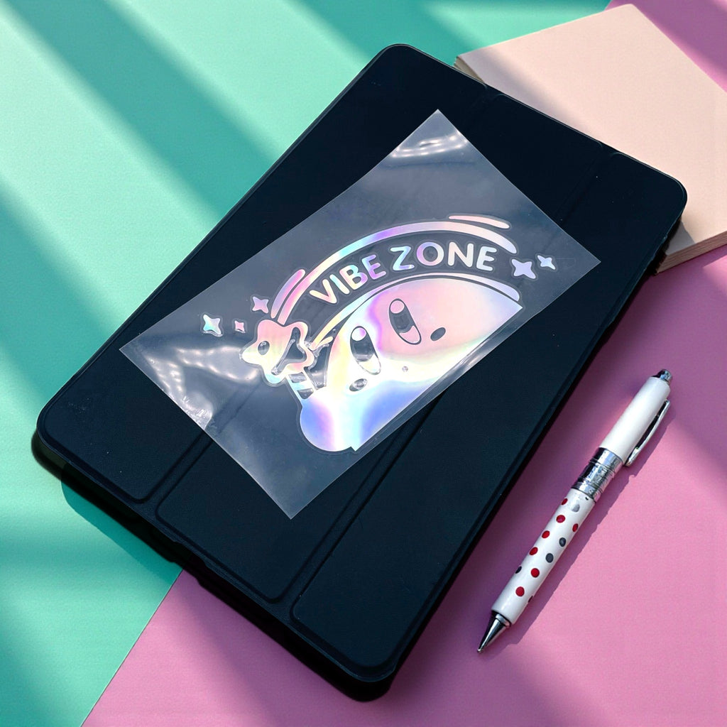 Kirby holographic vinyl decal with iridescent rainbow finish for cars laptops and gaming consoles