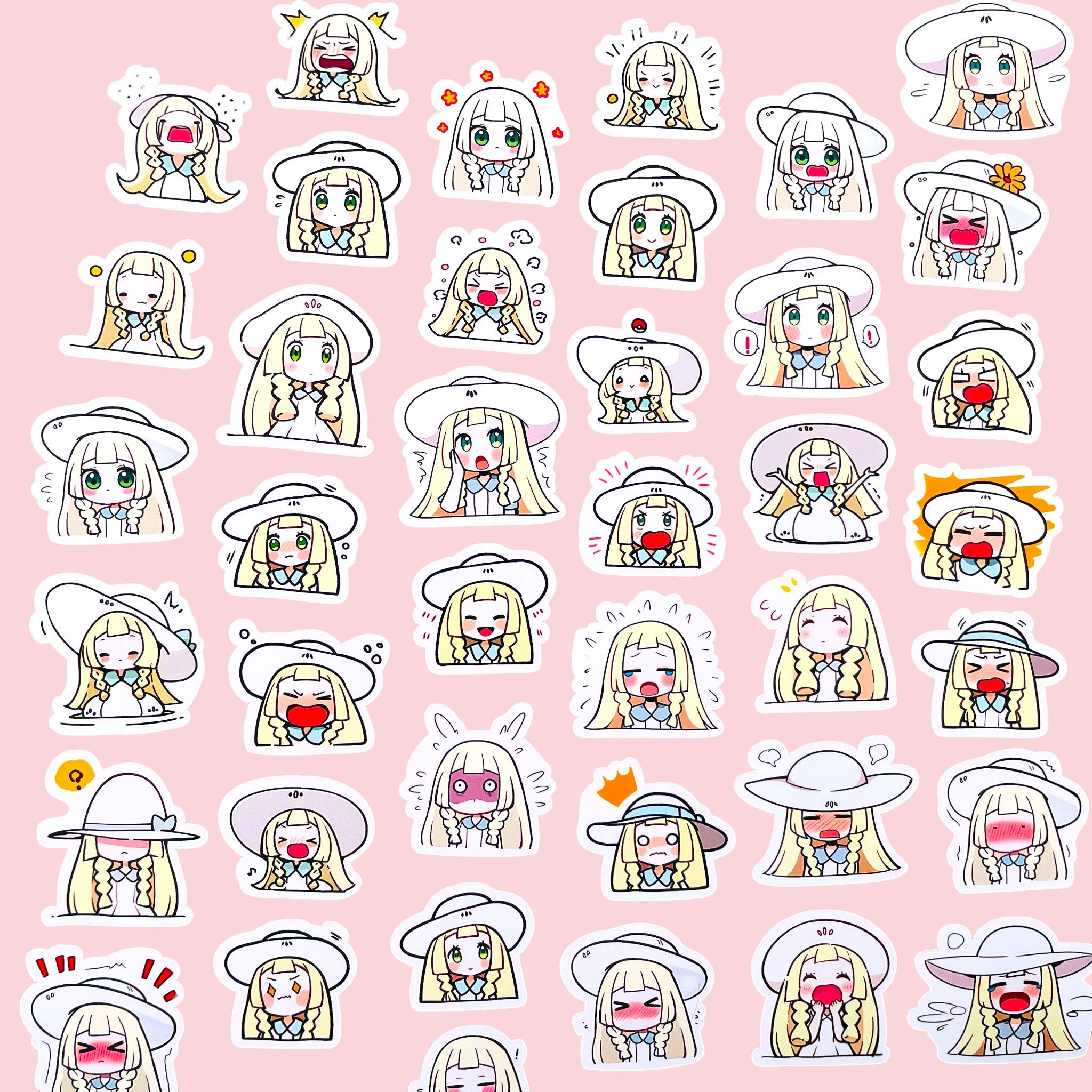 40 Lillie chibi trainer mood stickers arranged in a pastel kawaii collection