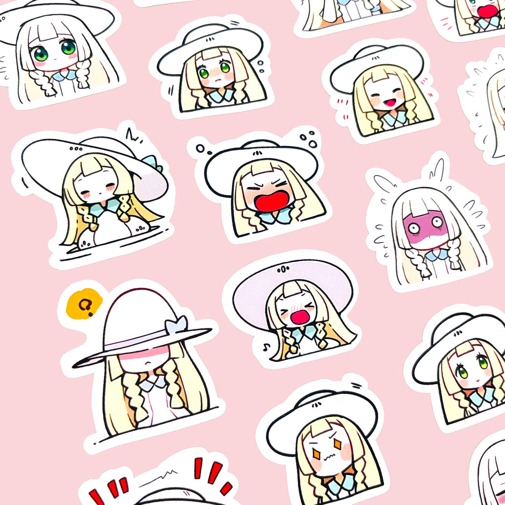 40 Lillie chibi trainer mood stickers arranged in a pastel kawaii collection