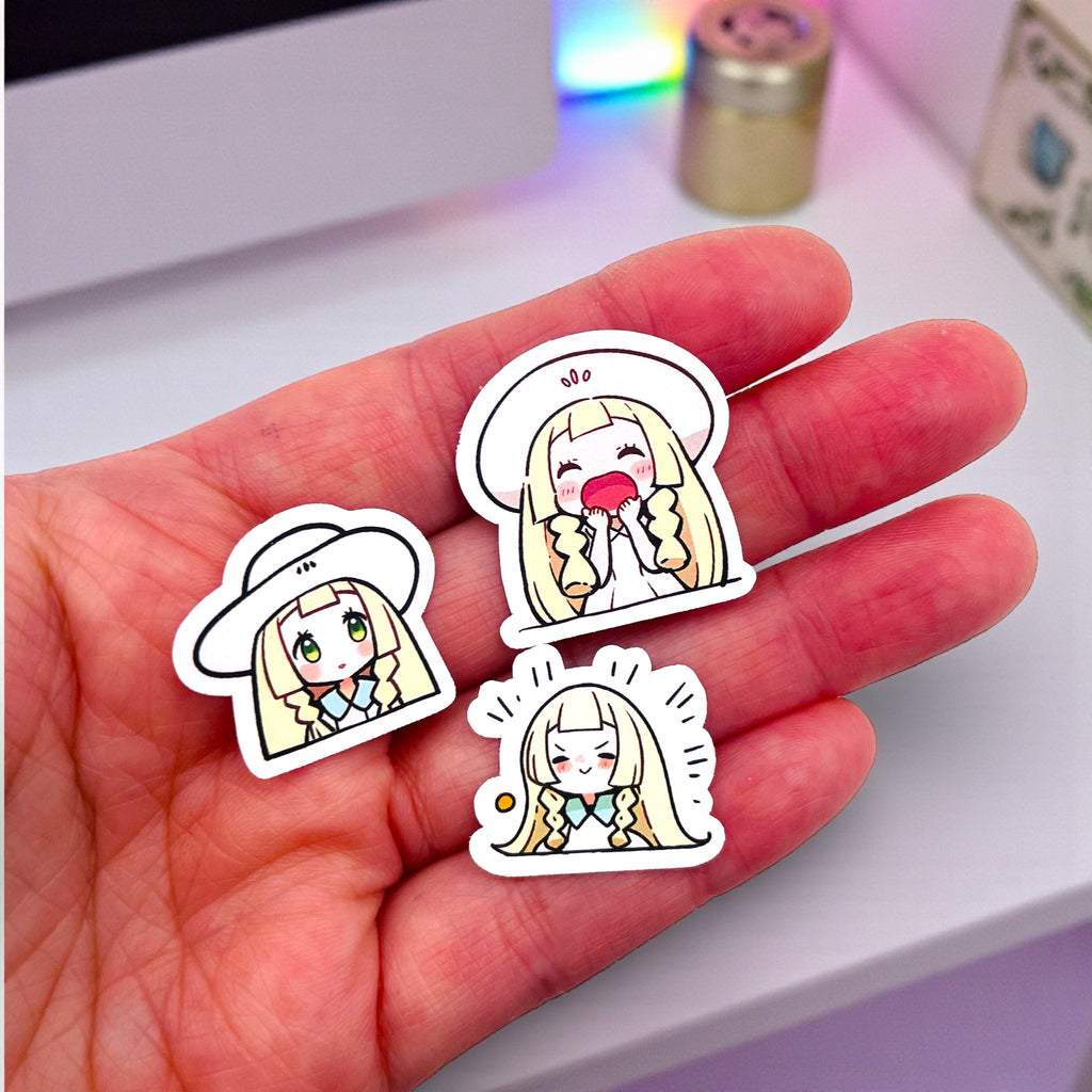 Close up of Lillie chibi trainer stickers with expressive pastel moods
