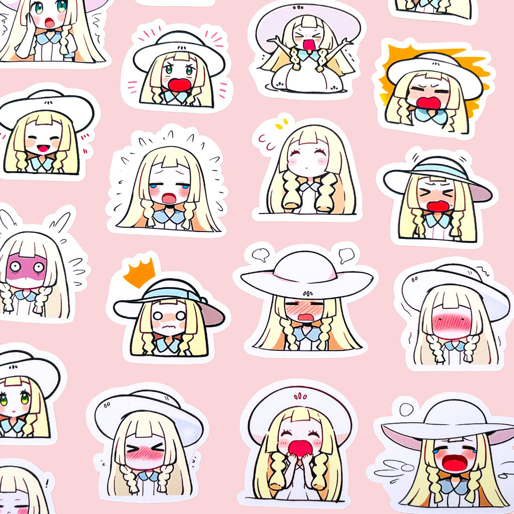 40 Lillie chibi trainer mood stickers arranged in a pastel kawaii collection