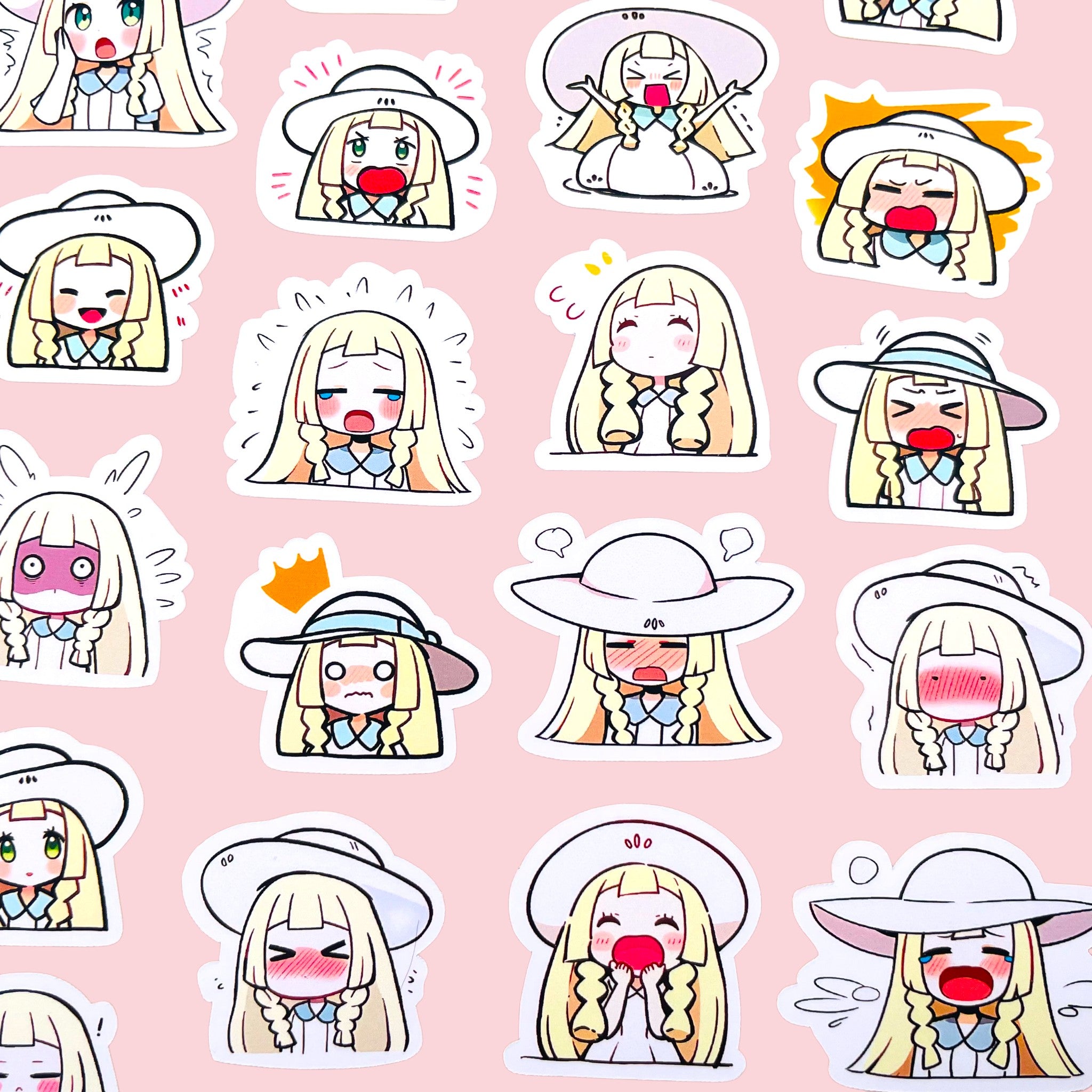 40 Lillie chibi trainer mood stickers arranged in a pastel kawaii collection