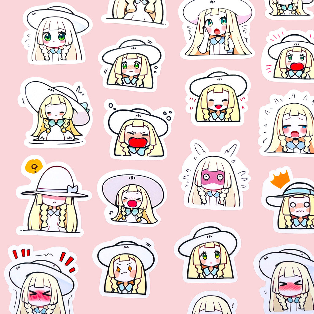 40 Lillie chibi trainer mood stickers arranged in a pastel kawaii collection