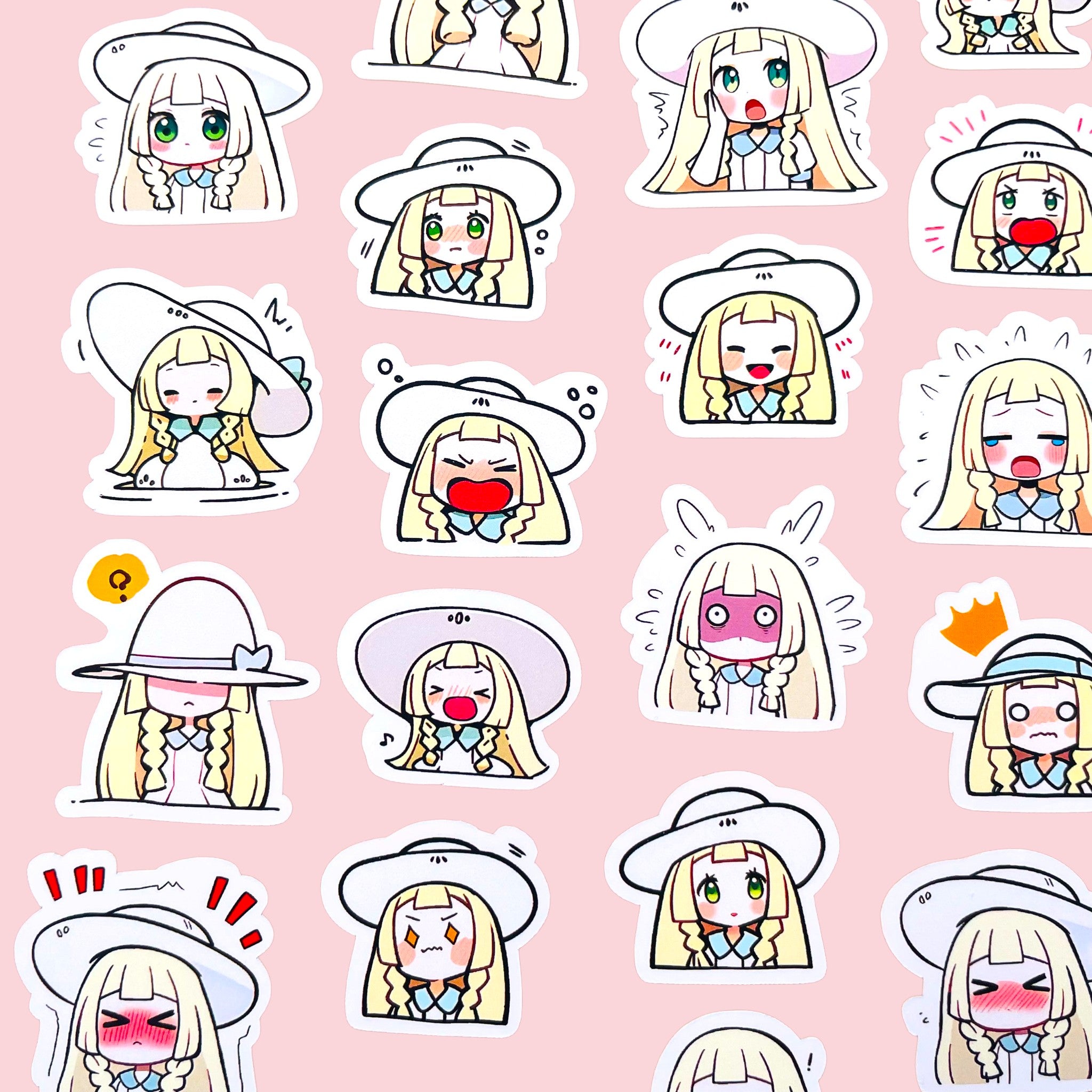 40 Lillie chibi trainer mood stickers arranged in a pastel kawaii collection