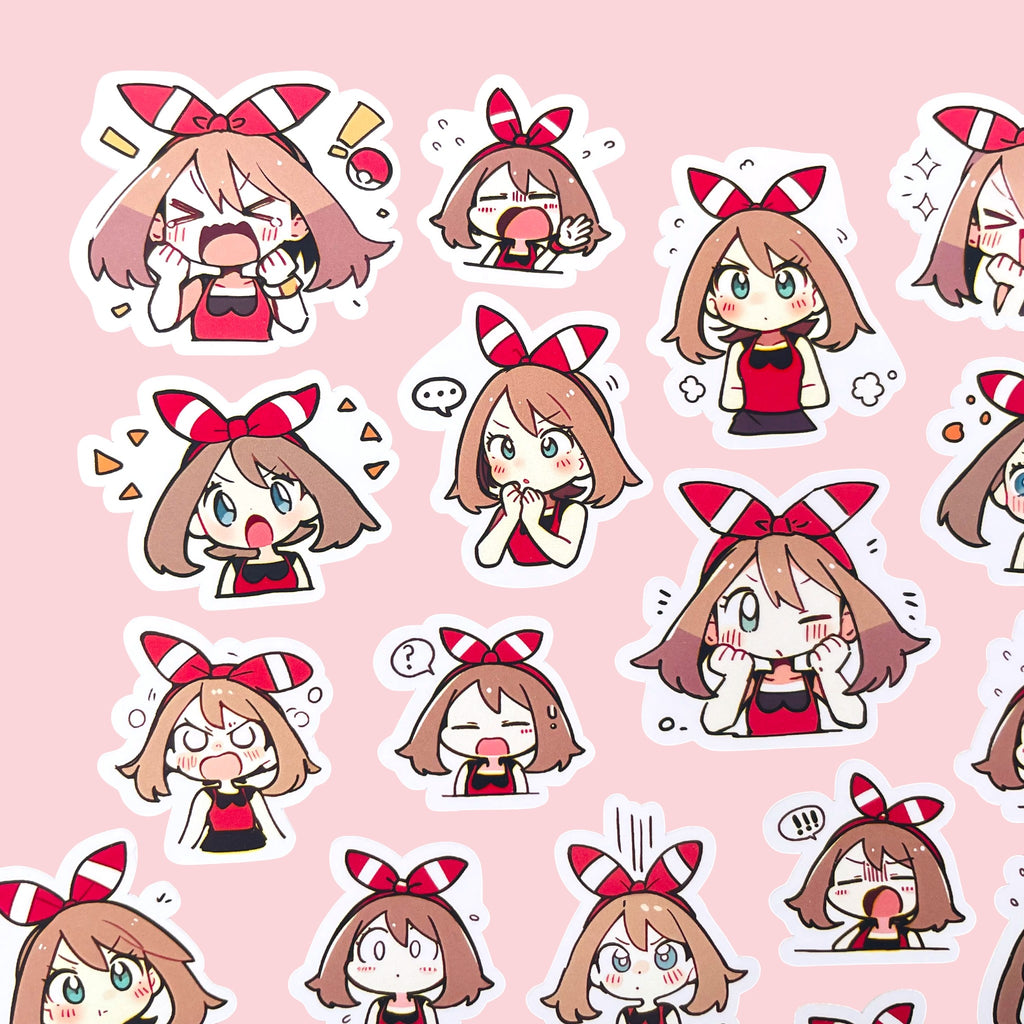 40 May chibi trainer mood stickers arranged in a pastel kawaii collection