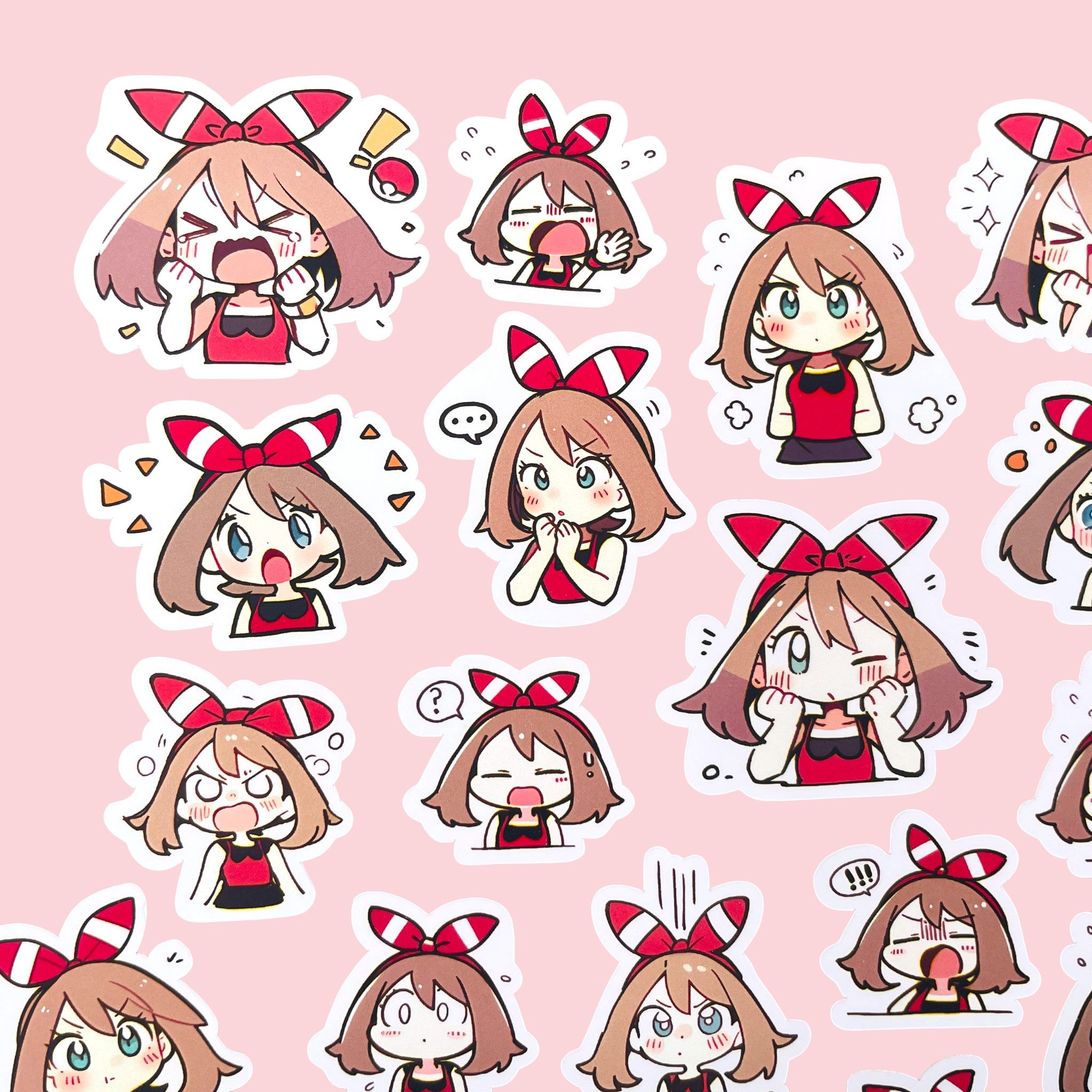 40 May chibi trainer mood stickers arranged in a pastel kawaii collection