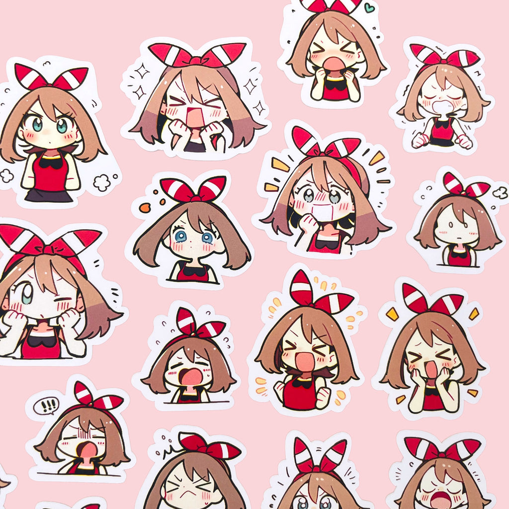 40 May chibi trainer mood stickers arranged in a pastel kawaii collection