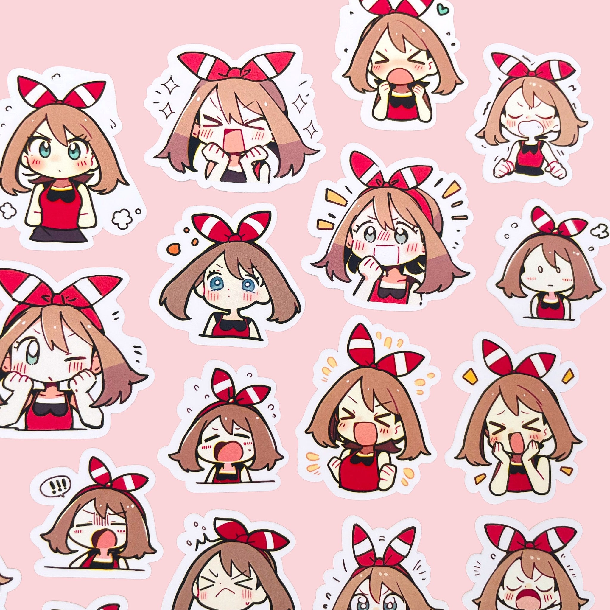 40 May chibi trainer mood stickers arranged in a pastel kawaii collection