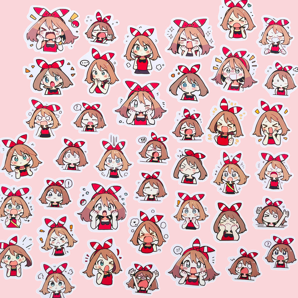 40 May chibi trainer mood stickers arranged in a pastel kawaii collection
