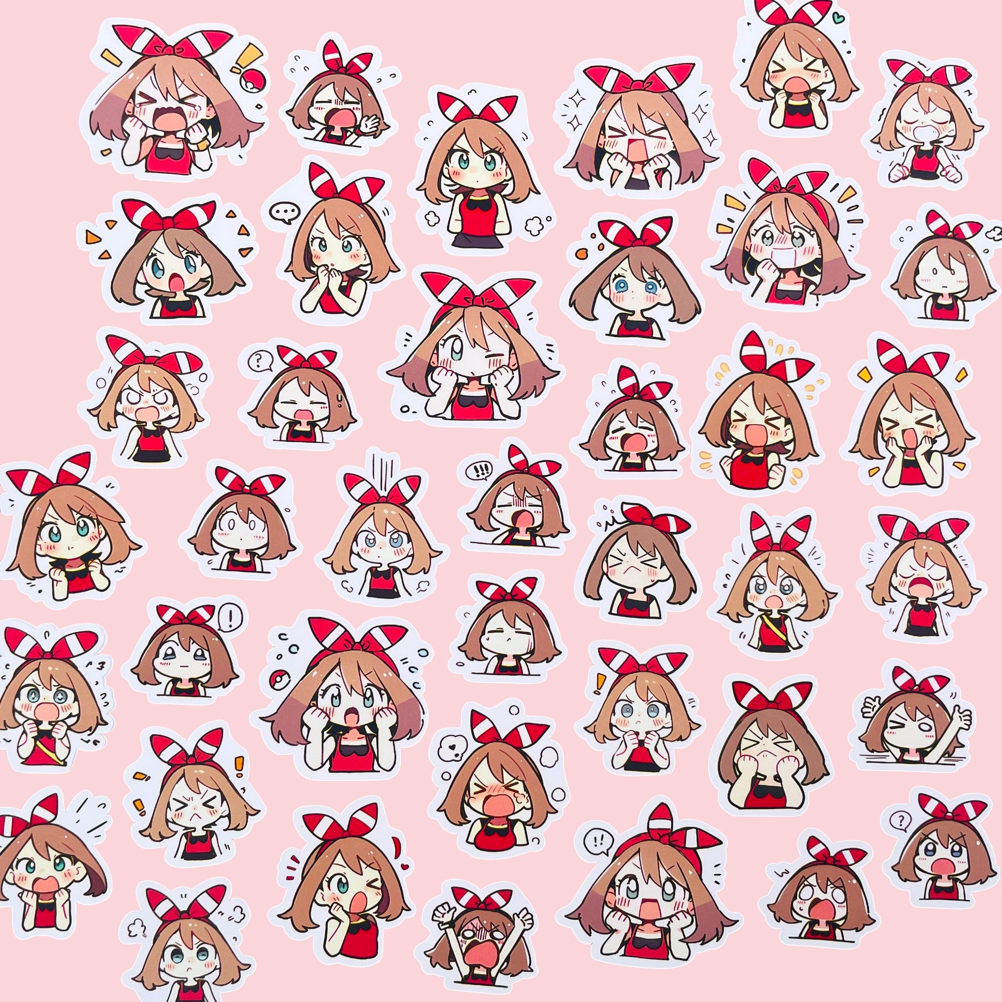 40 May chibi trainer mood stickers arranged in a pastel kawaii collection