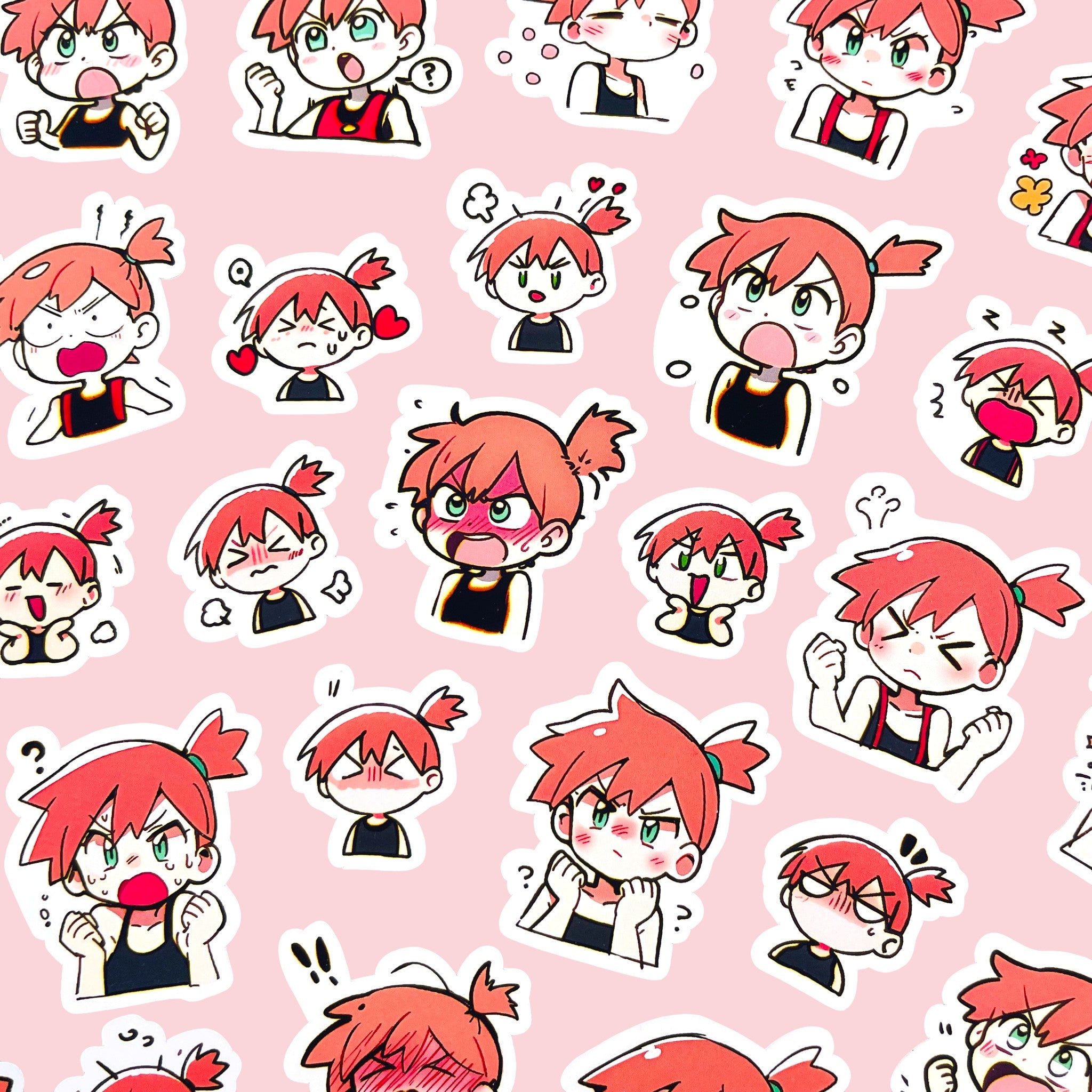 40 Misty chibi trainer mood stickers arranged in a pastel kawaii collection