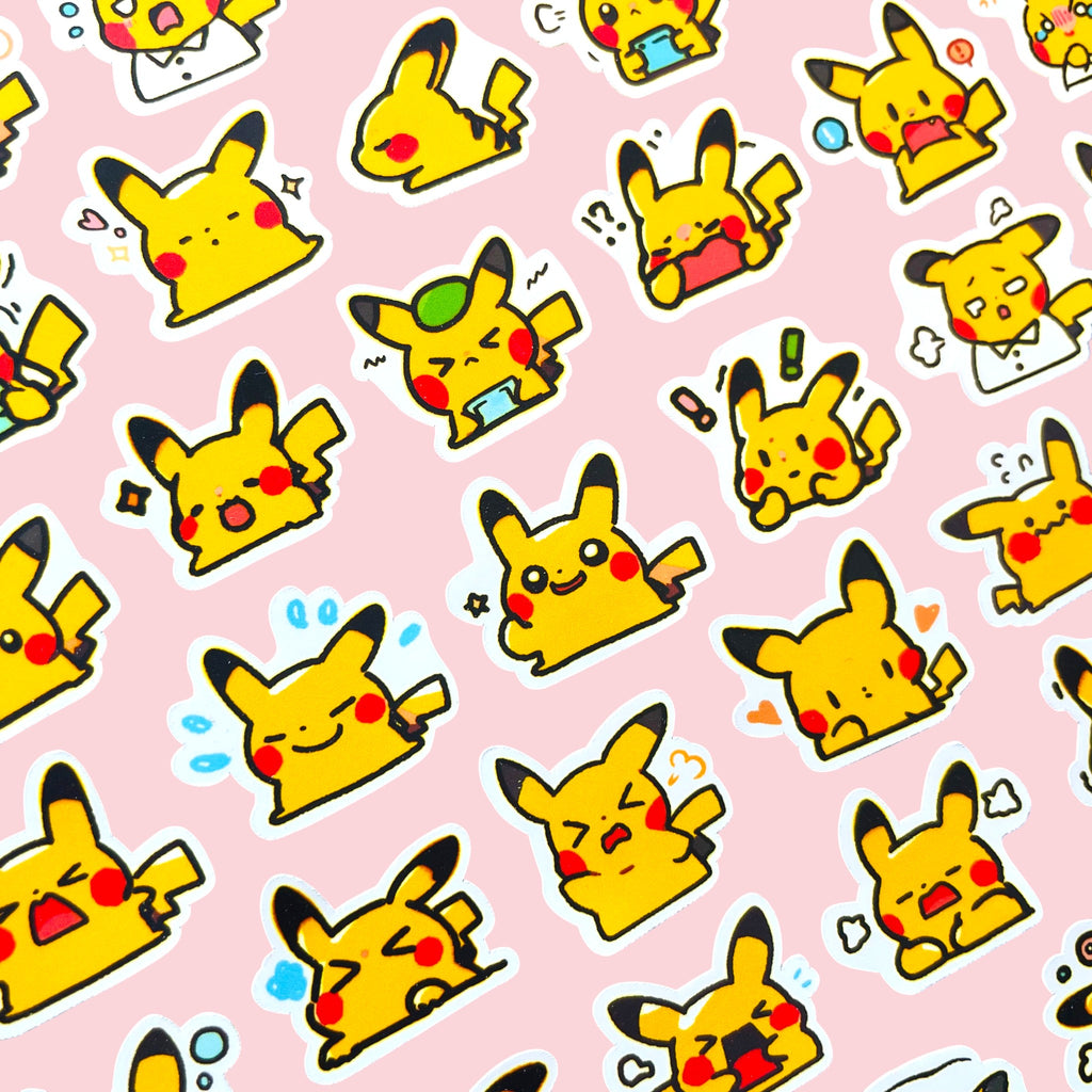 50 Pikachu chibi mini mood stickers arranged in a cute kawaii collection
