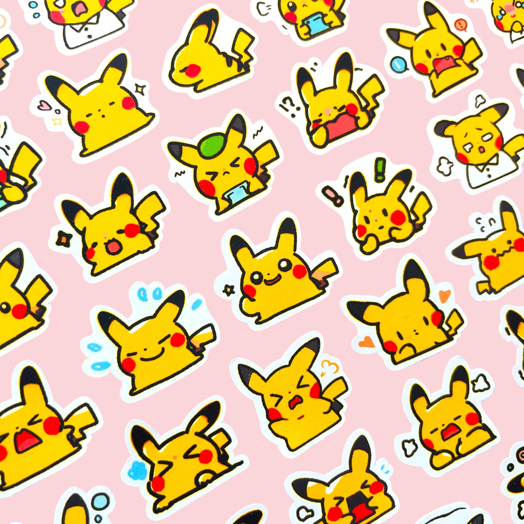 50 Pikachu chibi mini mood stickers arranged in a cute kawaii collection