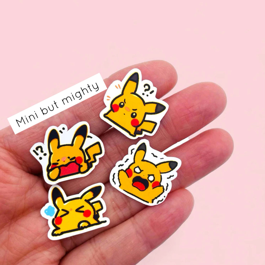 Close up of Pikachu mini stickers with expressive kawaii moods