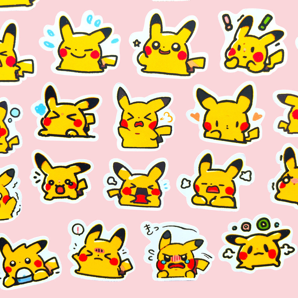 50 Pikachu chibi mini mood stickers arranged in a cute kawaii collection