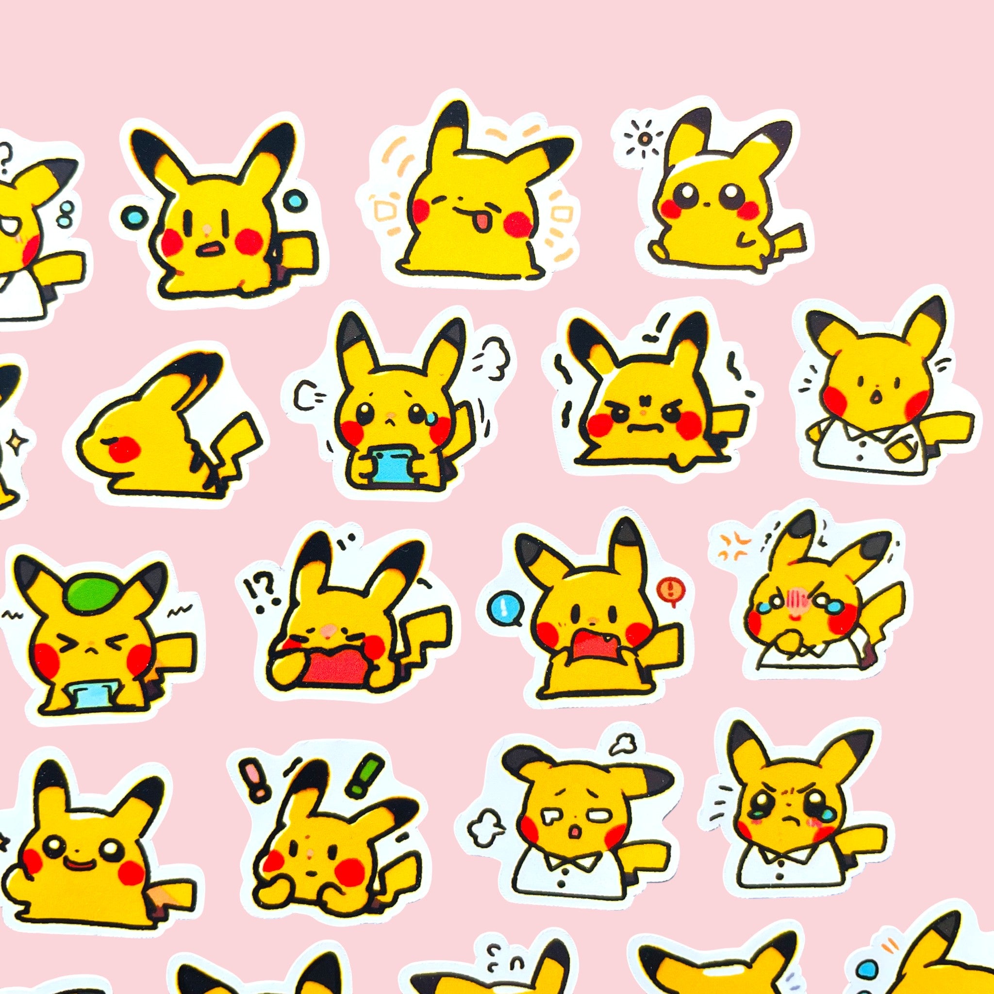 50 Pikachu chibi mini mood stickers arranged in a cute kawaii collection