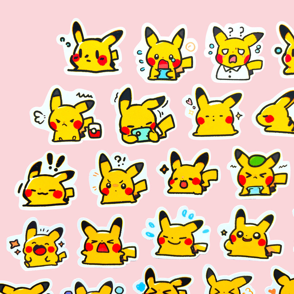 50 Pikachu chibi mini mood stickers arranged in a cute kawaii collection
