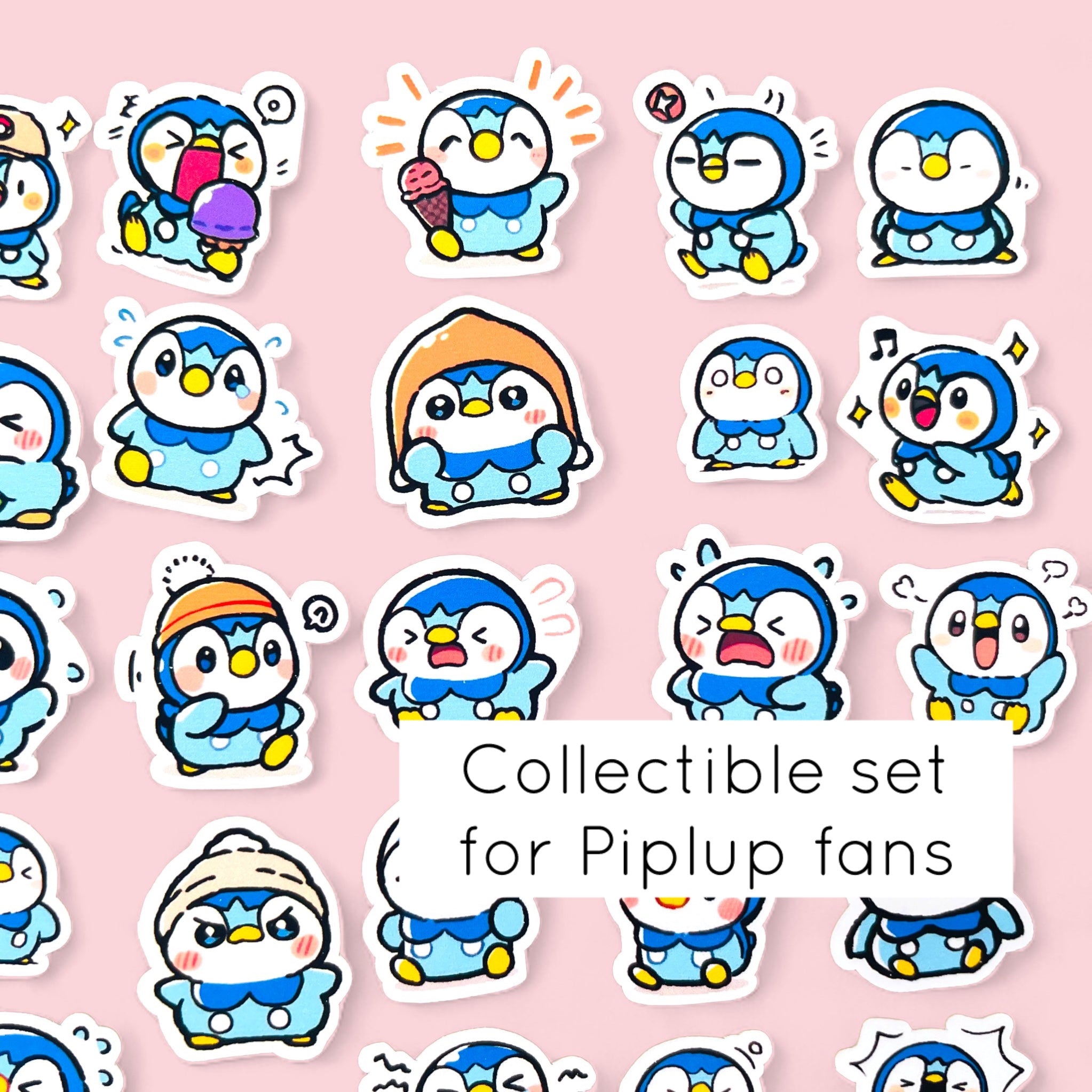 Piplup mini sticker set with 50 kawaii chibi mood stickers for journals planners and toploaders