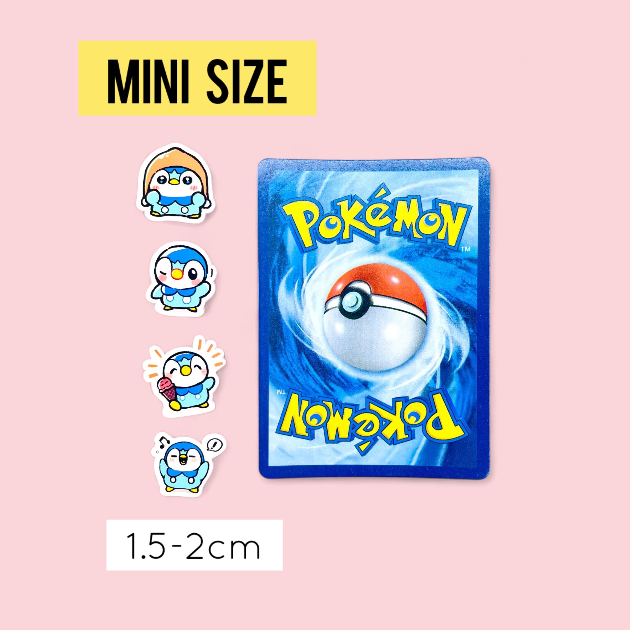 Tiny Piplup micro stickers 1.5 to 2 cm shown for size comparison