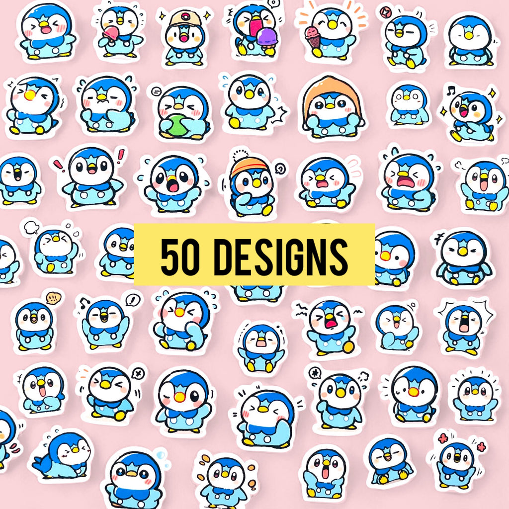 Piplup mini sticker set with 50 kawaii chibi mood stickers for journals planners and toploaders