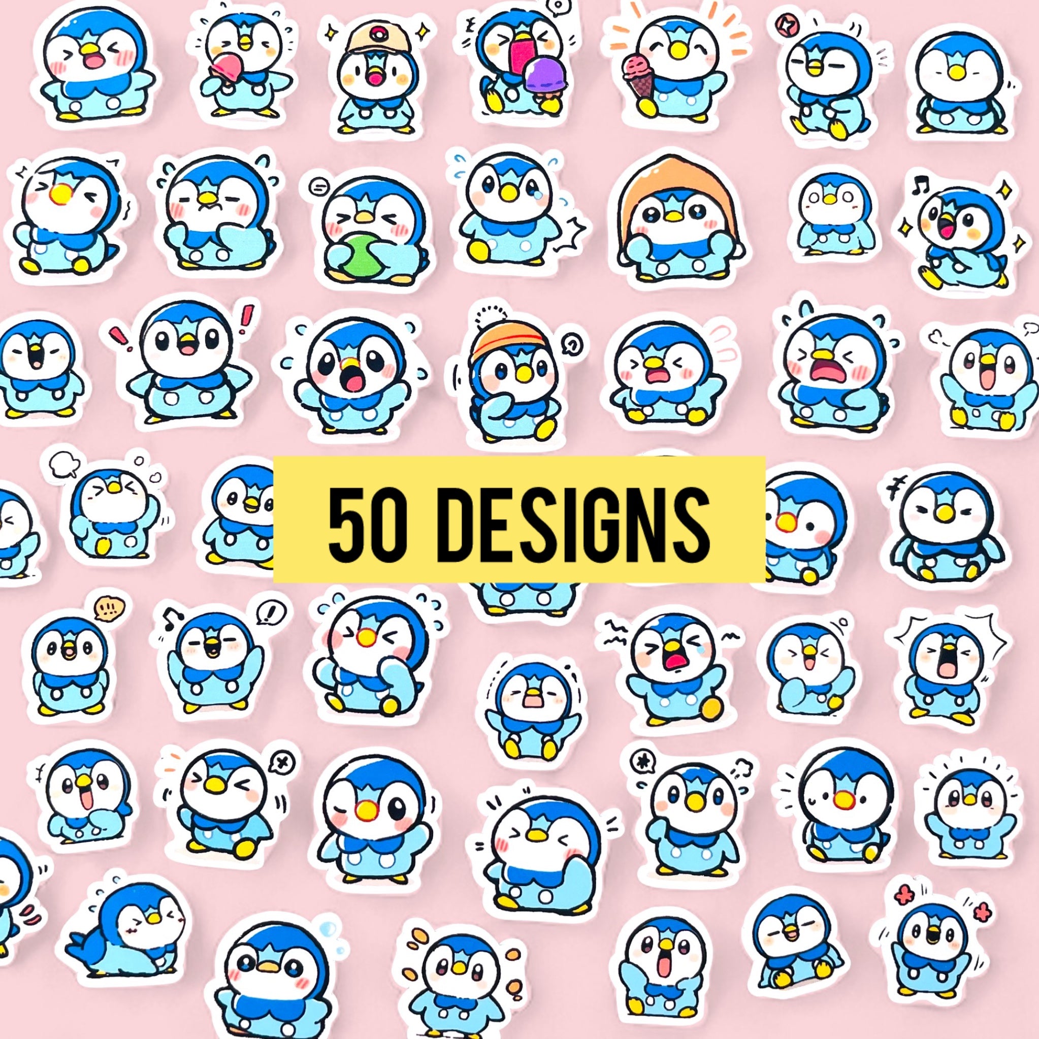 Piplup mini sticker set with 50 kawaii chibi mood stickers for journals planners and toploaders