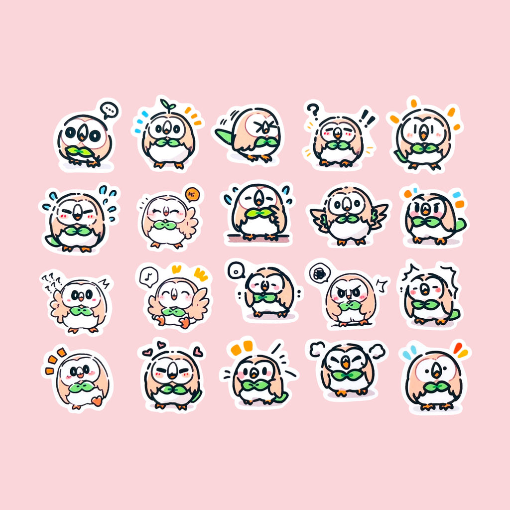 20 Rowlet chibi mini owl stickers arranged in a pastel kawaii collection