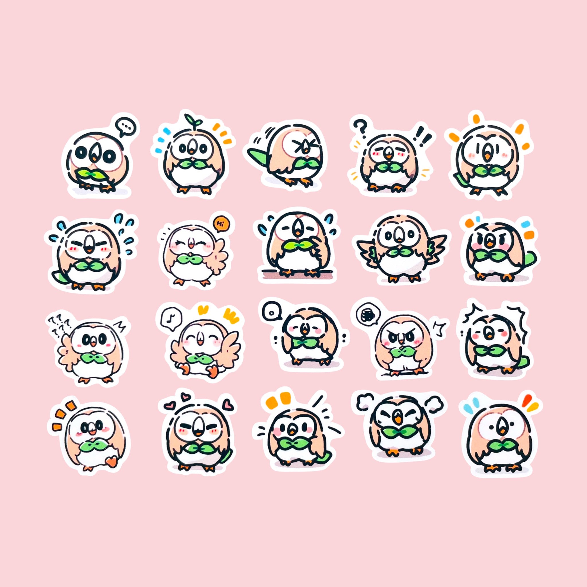 20 Rowlet chibi mini owl stickers arranged in a pastel kawaii collection