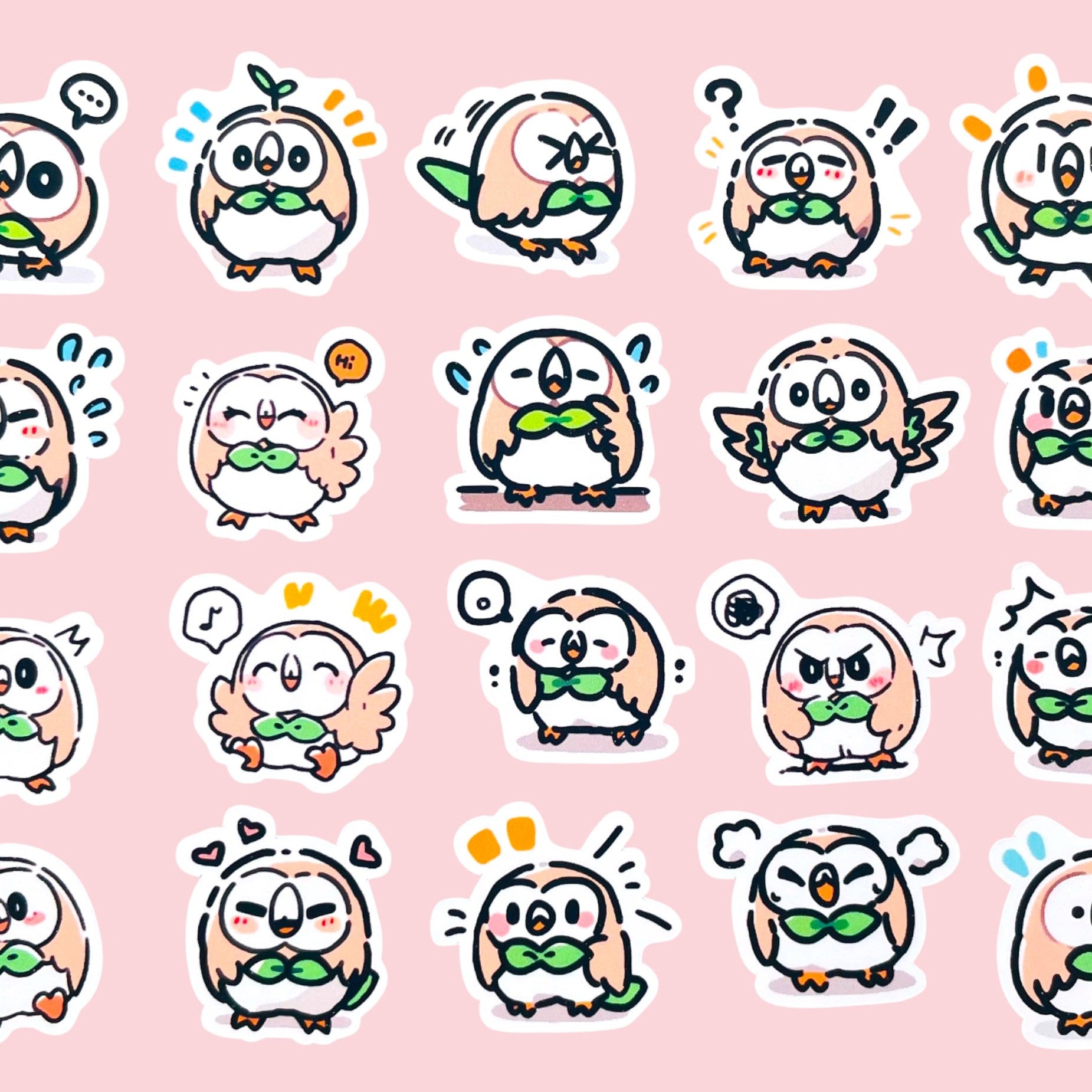 Rowlet mini sticker set with 20 kawaii chibi mood stickers for journals planners and toploaders