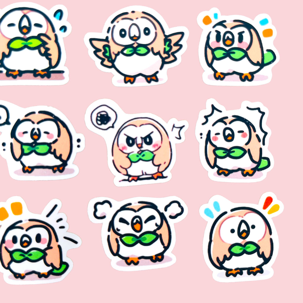 20 Rowlet chibi mini owl stickers arranged in a pastel kawaii collection