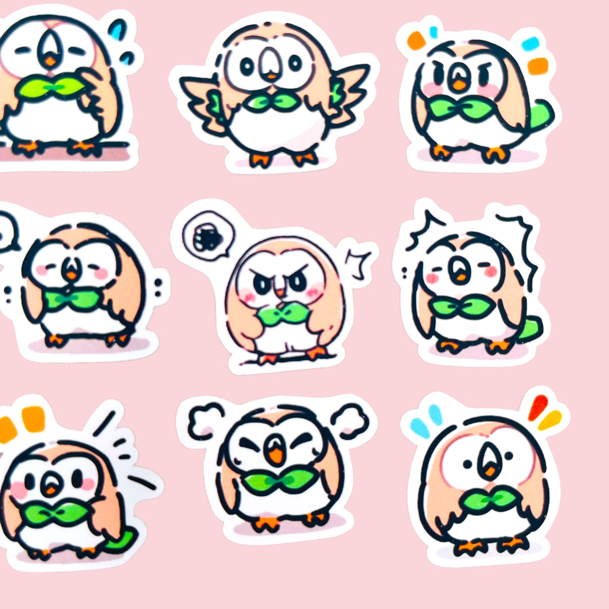 20 Rowlet chibi mini owl stickers arranged in a pastel kawaii collection