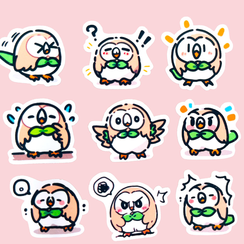 20 Rowlet chibi mini owl stickers arranged in a pastel kawaii collection