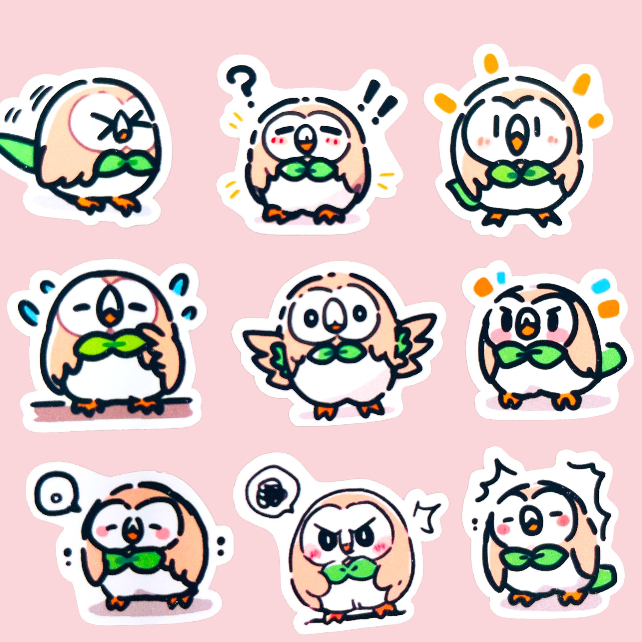 20 Rowlet chibi mini owl stickers arranged in a pastel kawaii collection