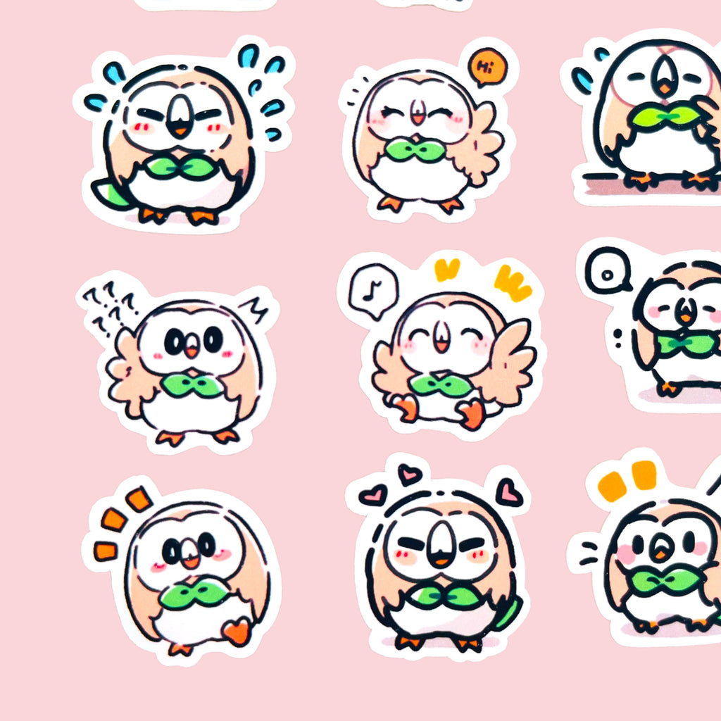 20 Rowlet chibi mini owl stickers arranged in a pastel kawaii collection