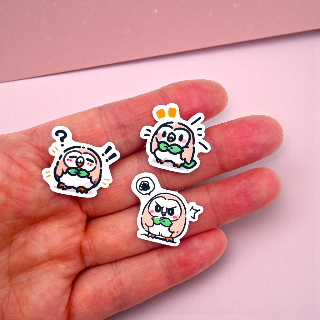 Close up of Rowlet chibi mini owl stickers with expressive pastel moods
