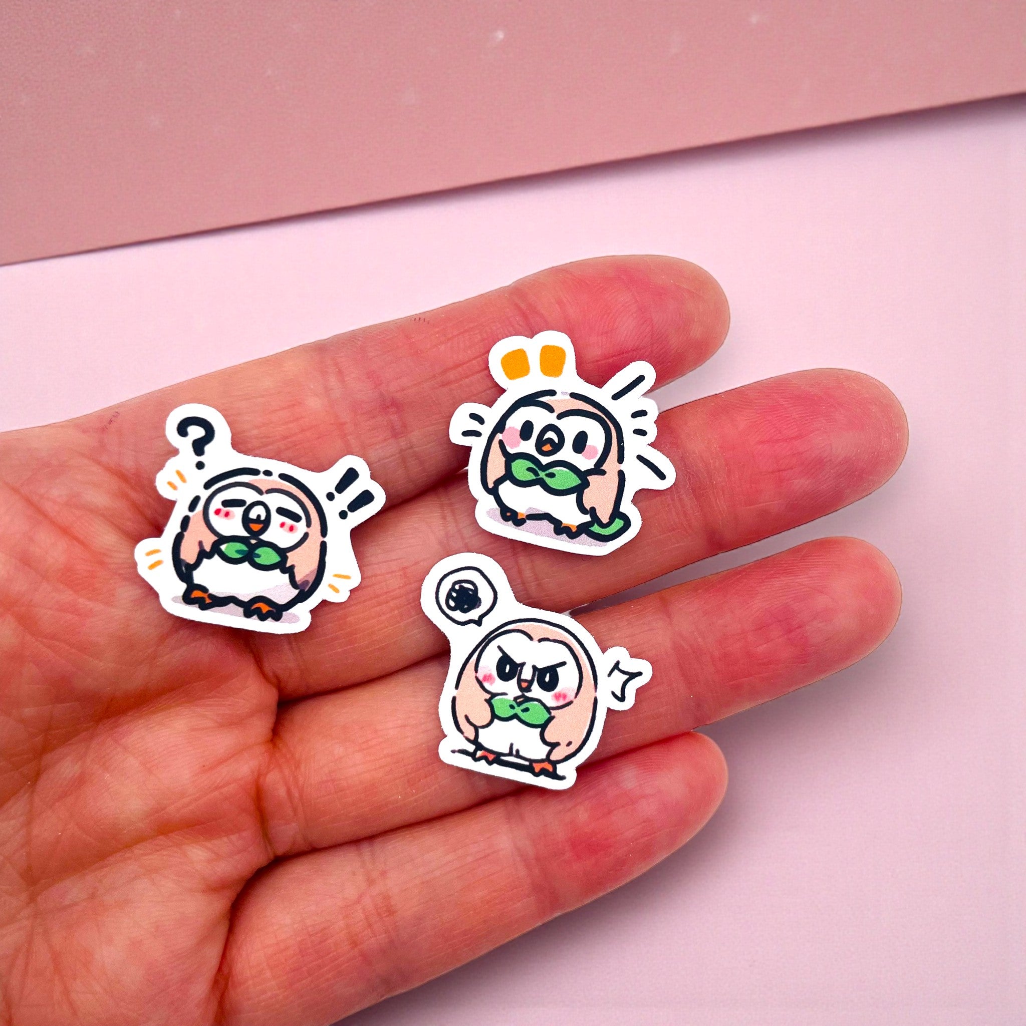 Close up of Rowlet chibi mini owl stickers with expressive pastel moods