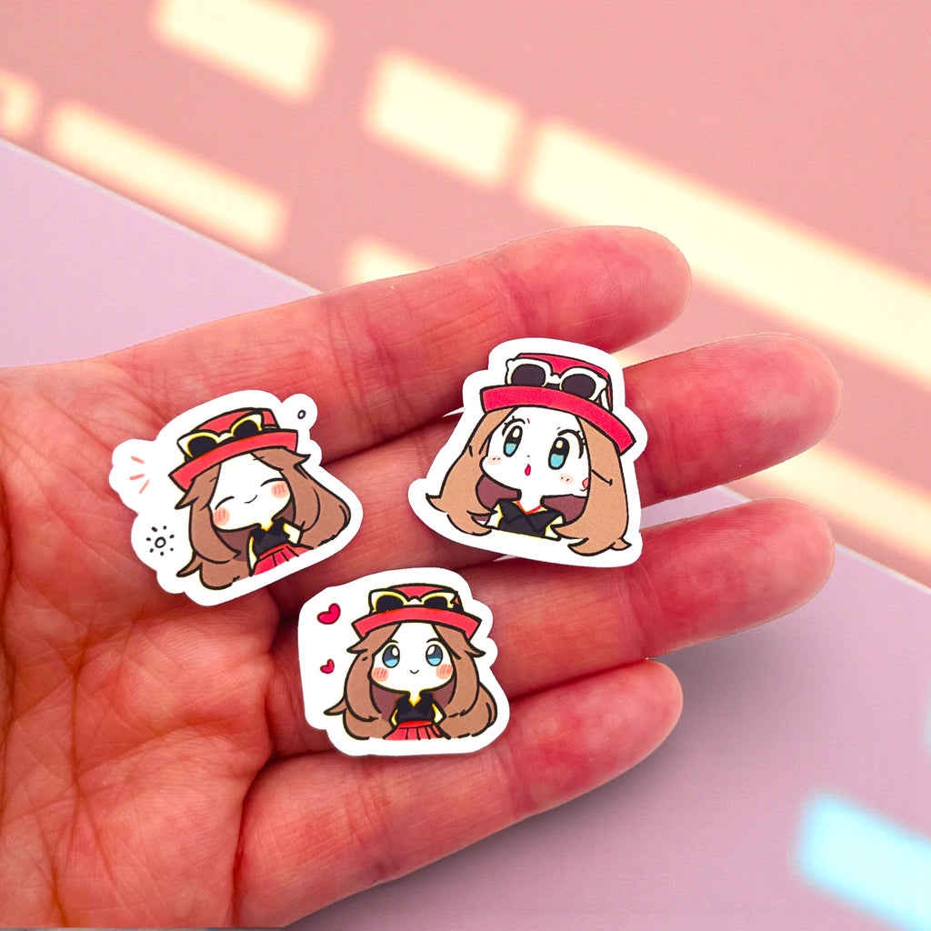 Close up of Serena chibi trainer stickers with expressive anime moods