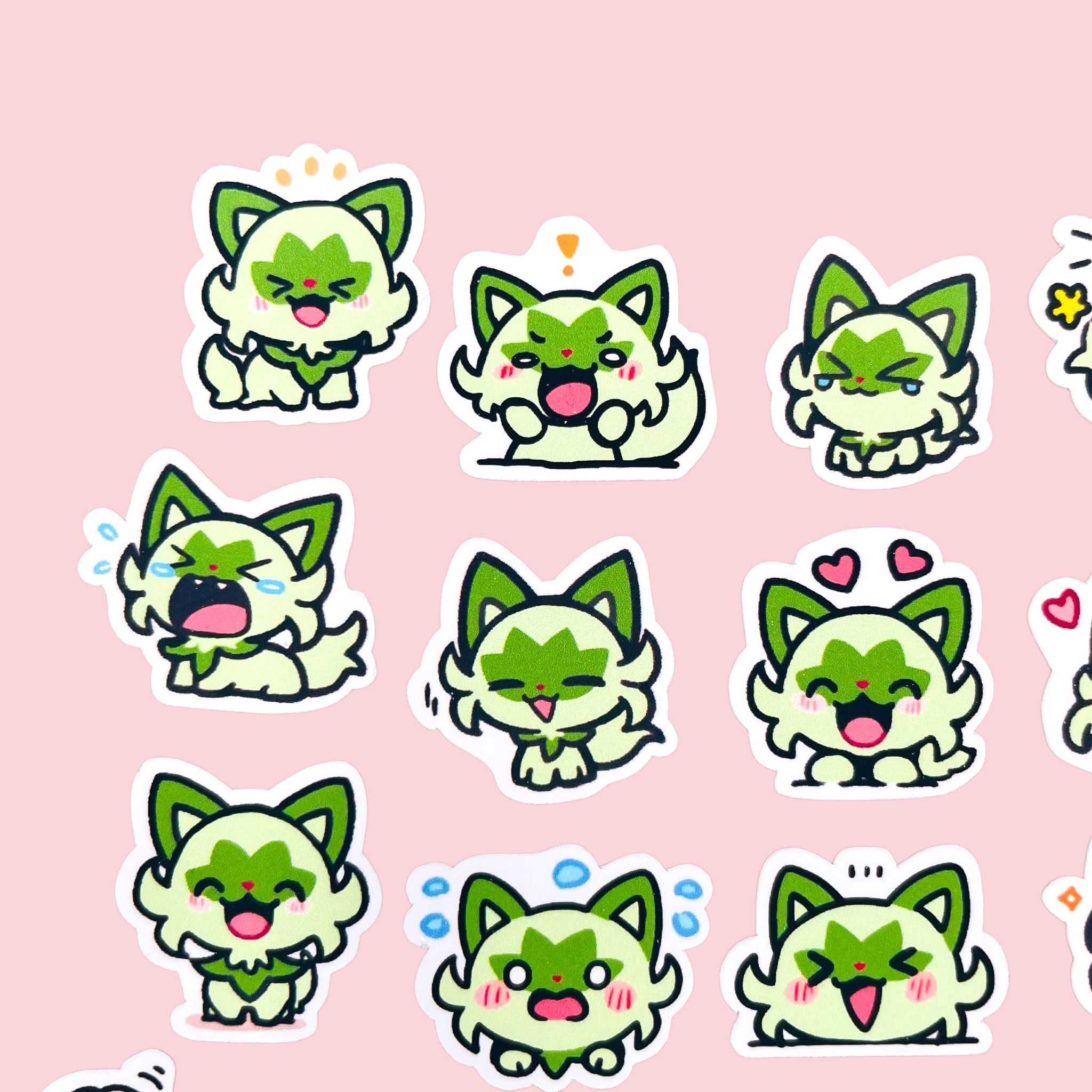 20 Sprigatito chibi mini mood stickers arranged in a pastel kawaii collection