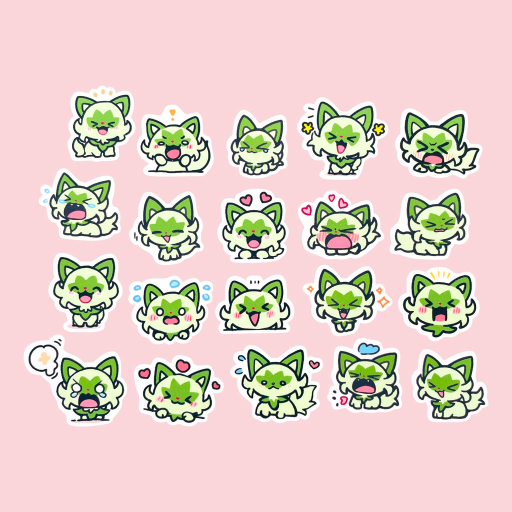 20 Sprigatito chibi mini mood stickers arranged in a pastel kawaii collection