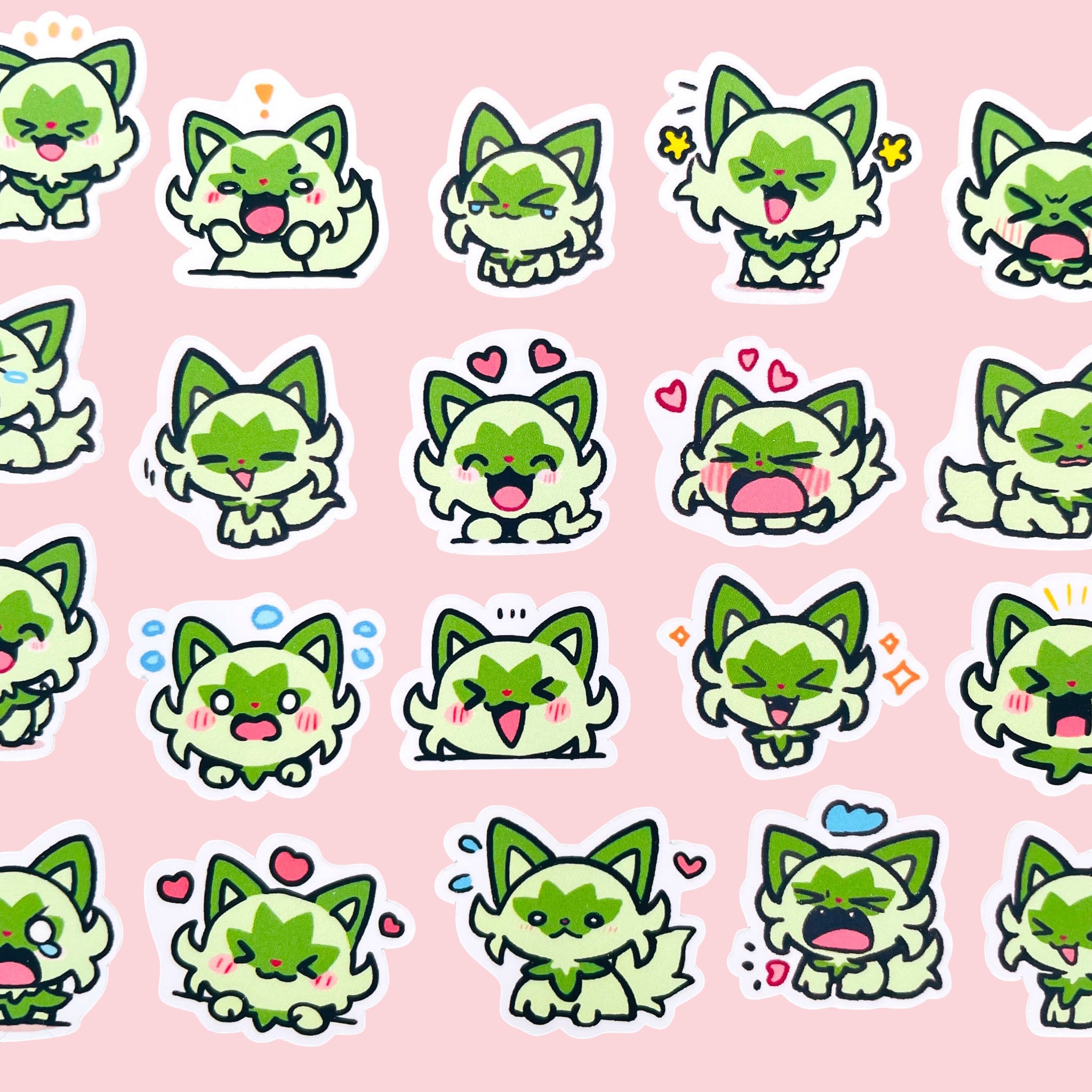 Sprigatito mini sticker set with 20 kawaii chibi mood stickers for journals planners and toploaders
