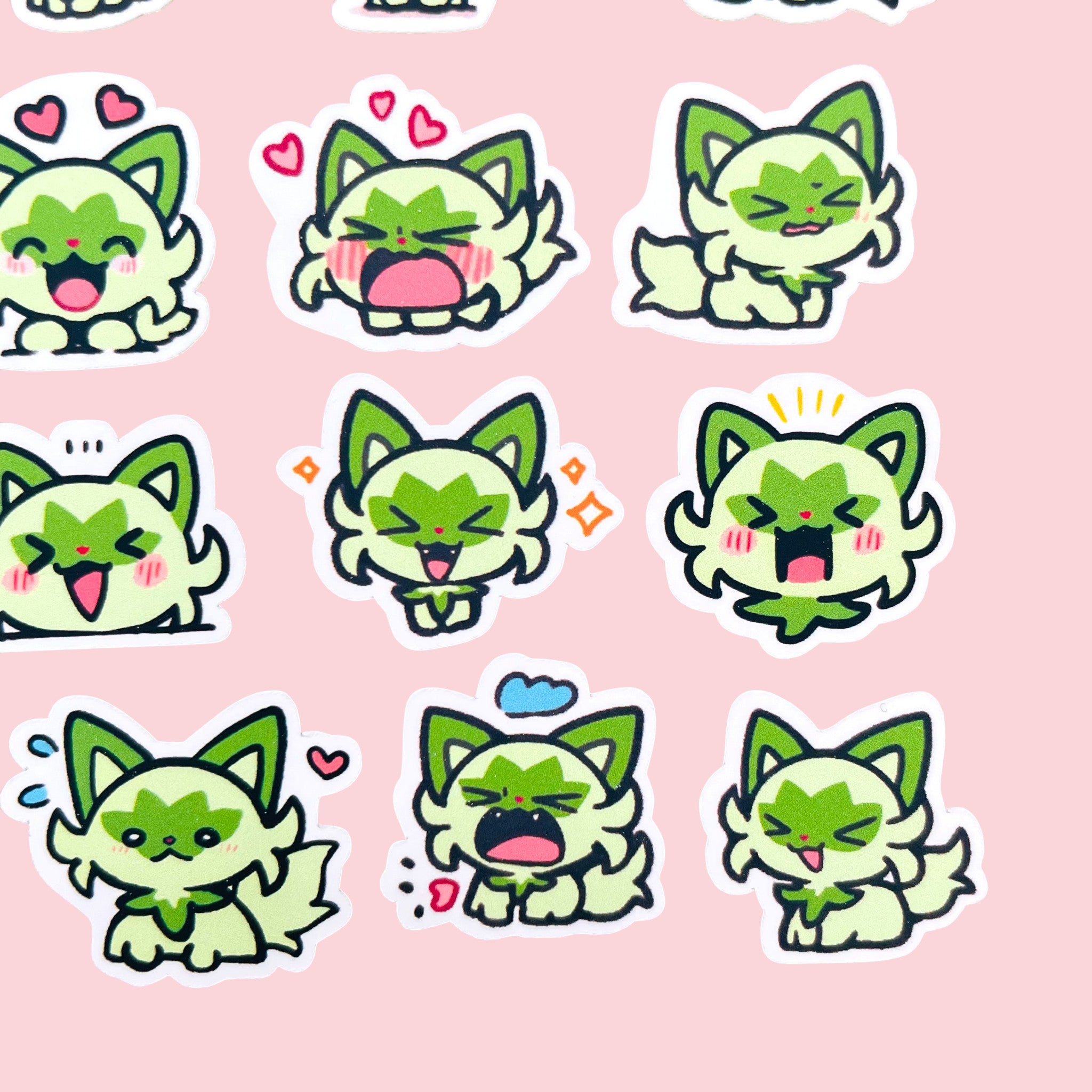 20 Sprigatito chibi mini mood stickers arranged in a pastel kawaii collection