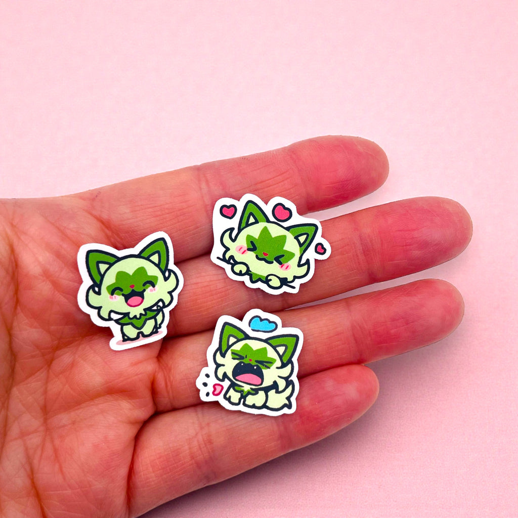 Close up of Sprigatito chibi mini stickers with expressive pastel moods