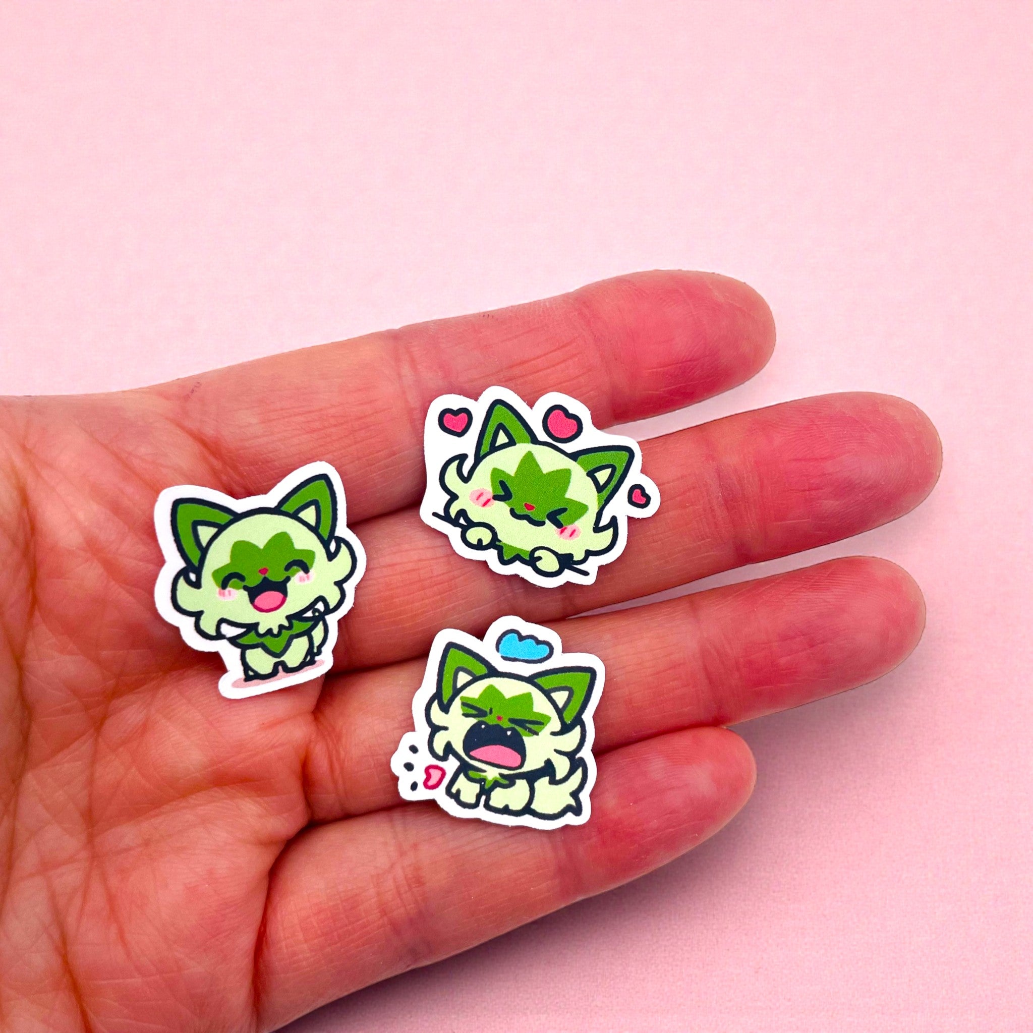 Close up of Sprigatito chibi mini stickers with expressive pastel moods