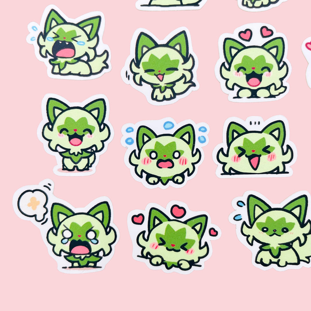 20 Sprigatito chibi mini mood stickers arranged in a pastel kawaii collection