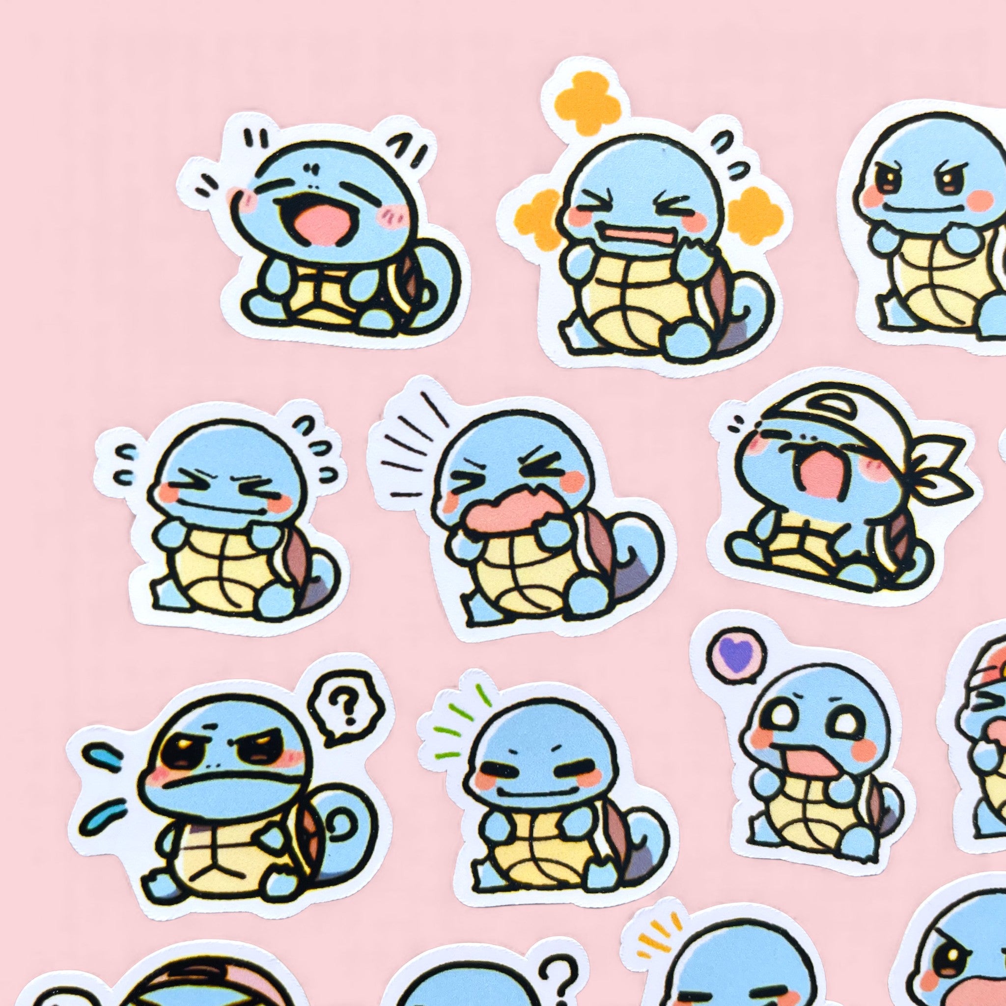 20 Squirtle chibi mini stickers arranged in a cute pastel kawaii collection - toploader decals