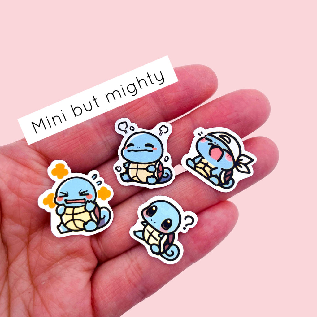 Close up of Squirtle chibi mini stickers with expressive pastel moods